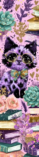 Free kawaii cats bookmark featuring a cat on stacked books with black spots